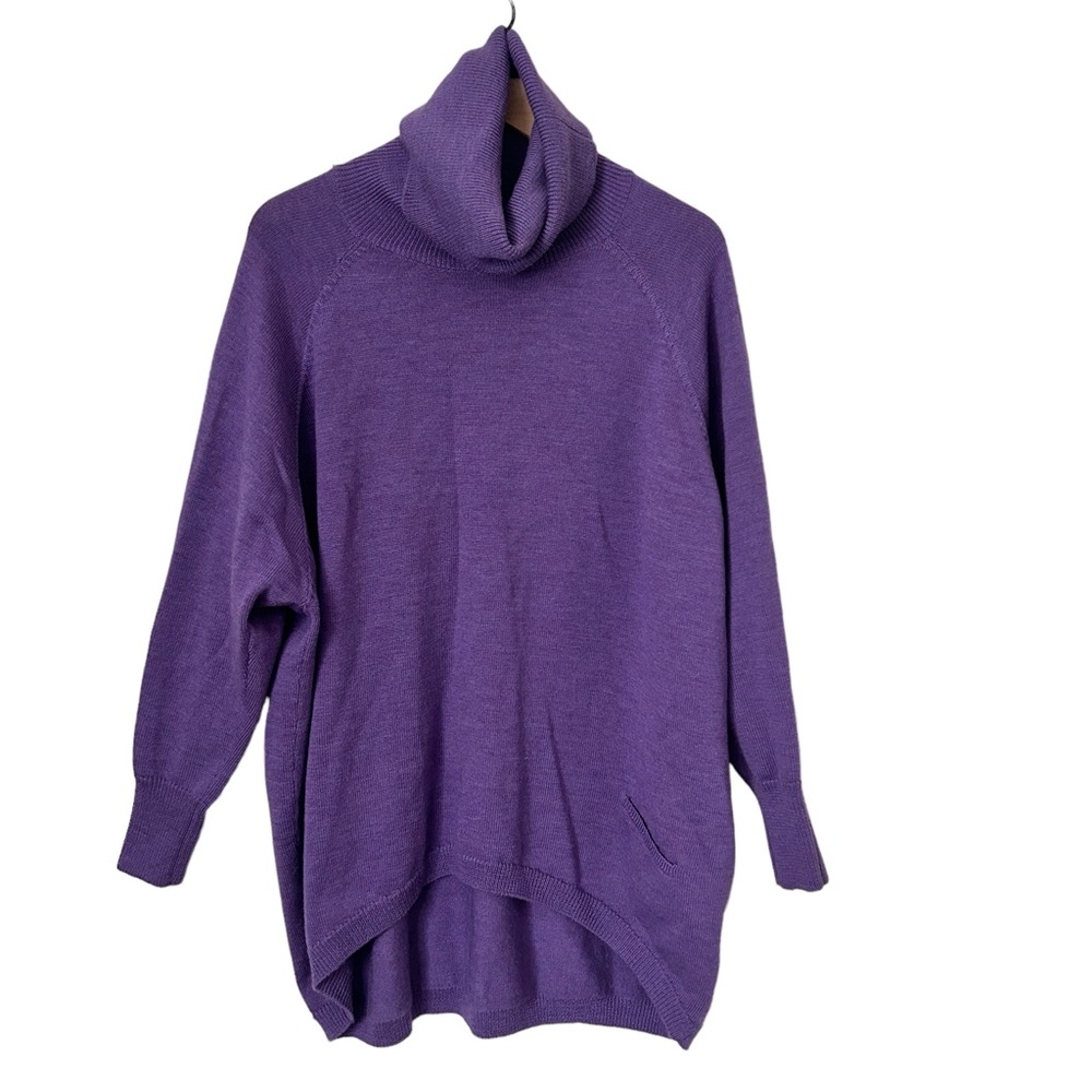 Eileen Fisher Merino Wool Purple Sweater Sz Large Cowl Turtle Neck Pocket Tunic